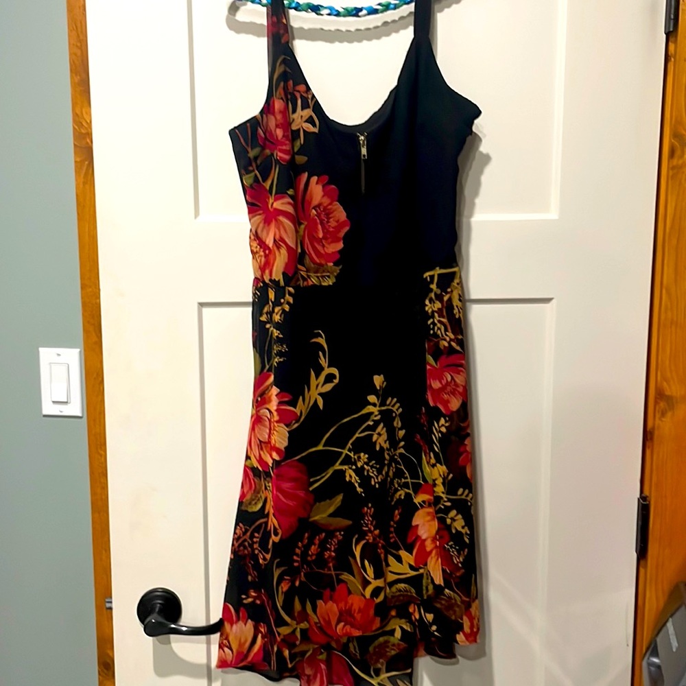 LE CHATEAU hi-low dark floral print dress with zipper detail